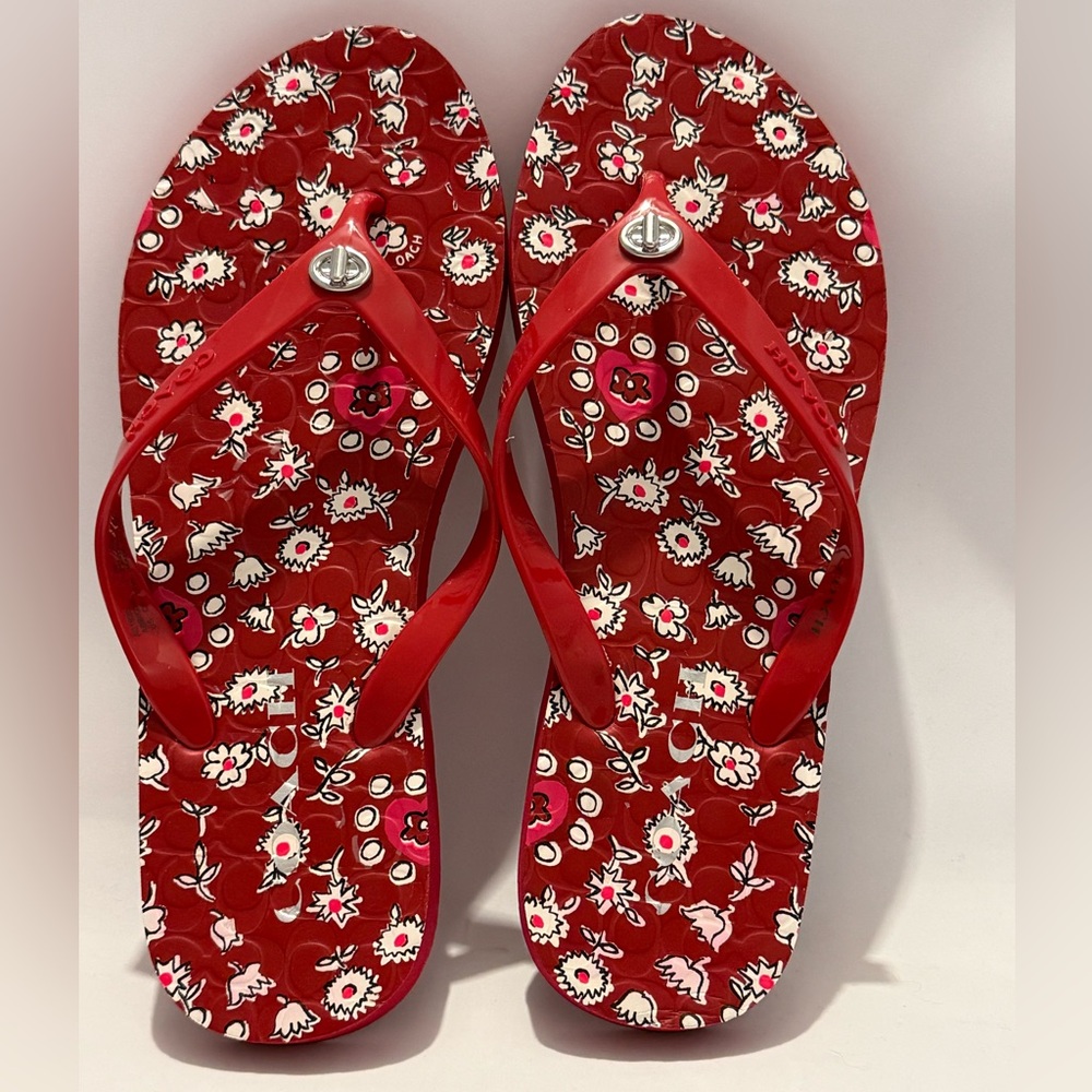 Coach Abbigail Red Floral Flip Flops sz 7-8 - Picture 2 of 11